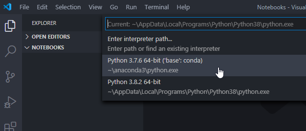 Anaconda Visual Studio Code Select Interpreter Base Conda