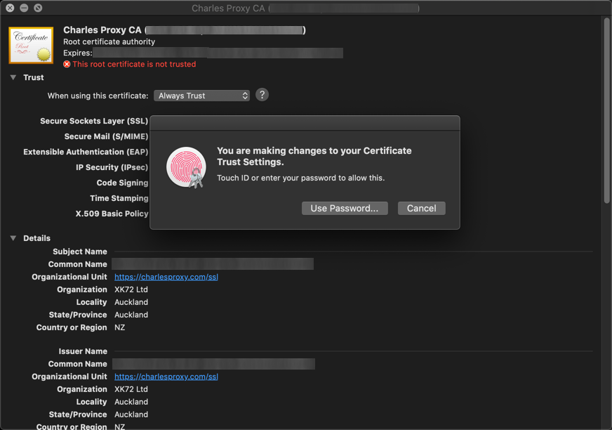 MacOS Apple Keychain Install Charles Root Certificate Part 6 Use Password
