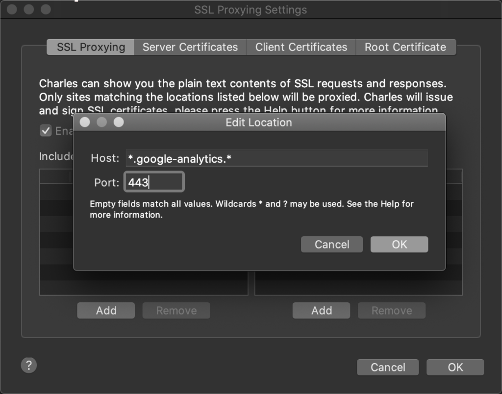 MacOS Charles Ssl Proxying Settings For Google Analytics