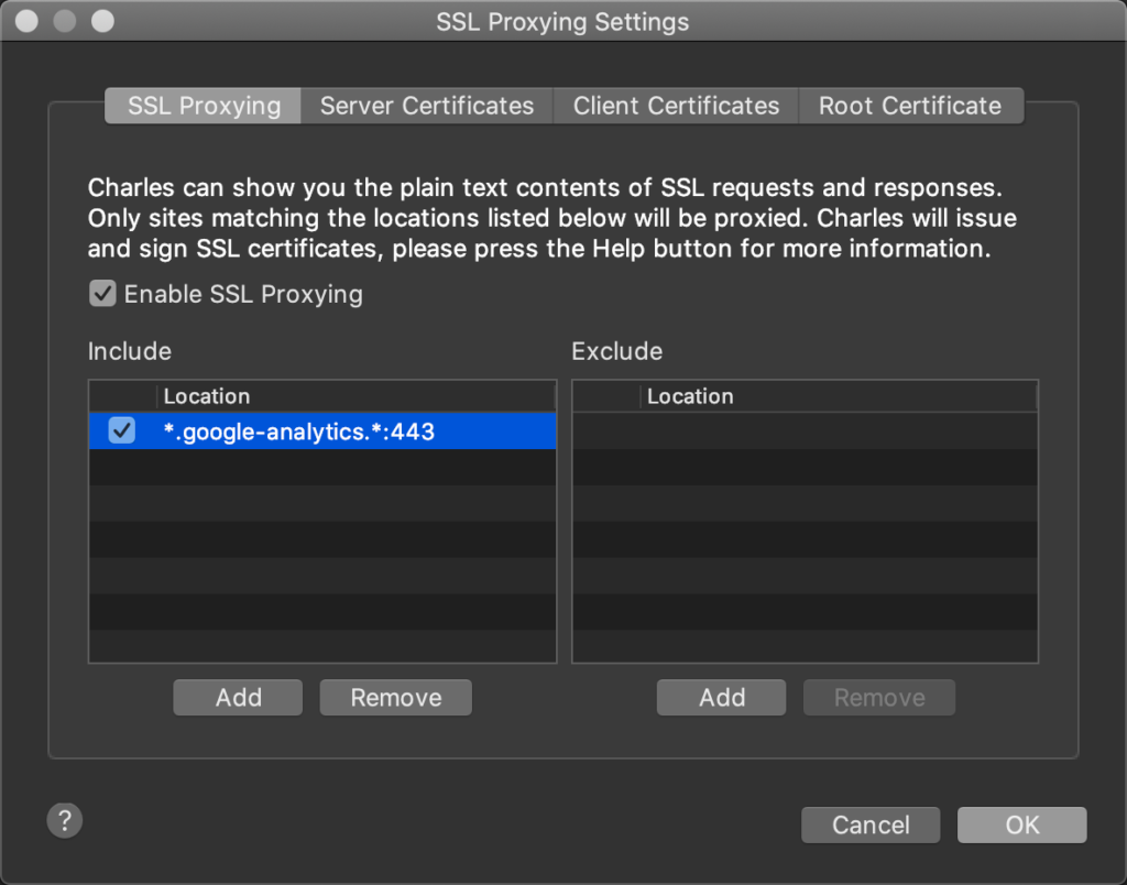 MacOS Charles Ssl Proxying Settings For Google Analytics Complete